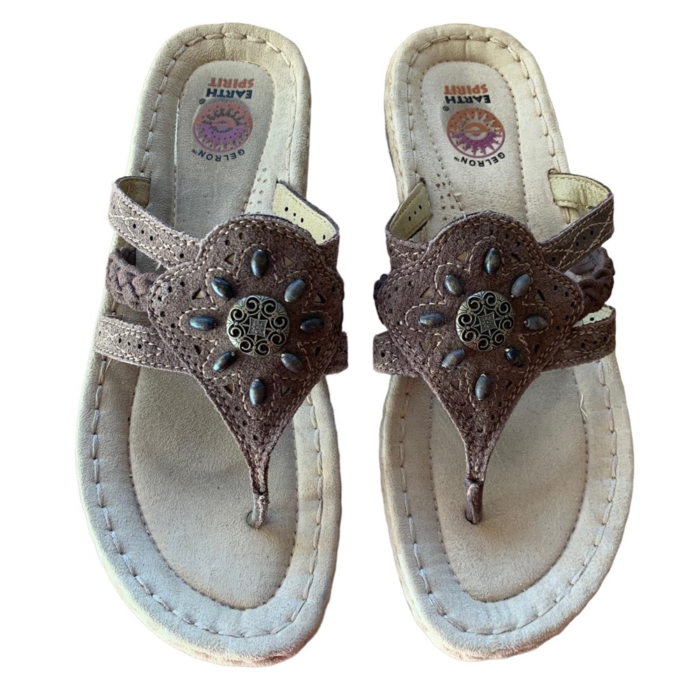 Earth Spirit Beaded Brown Suede Thong Sandals